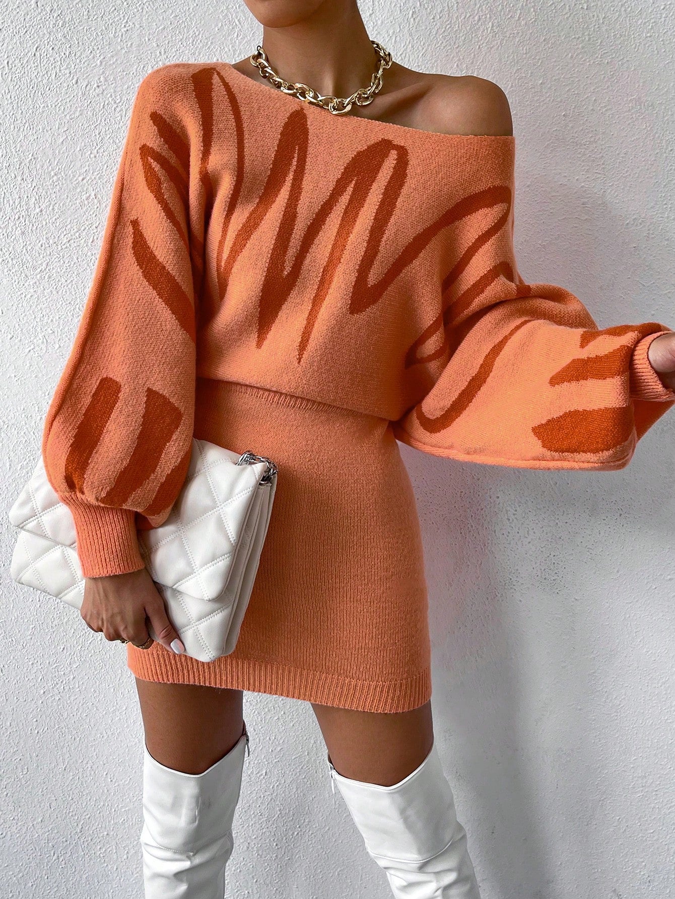 Chiquease Graphic Pattern Batwing Sleeve Sweater Dress