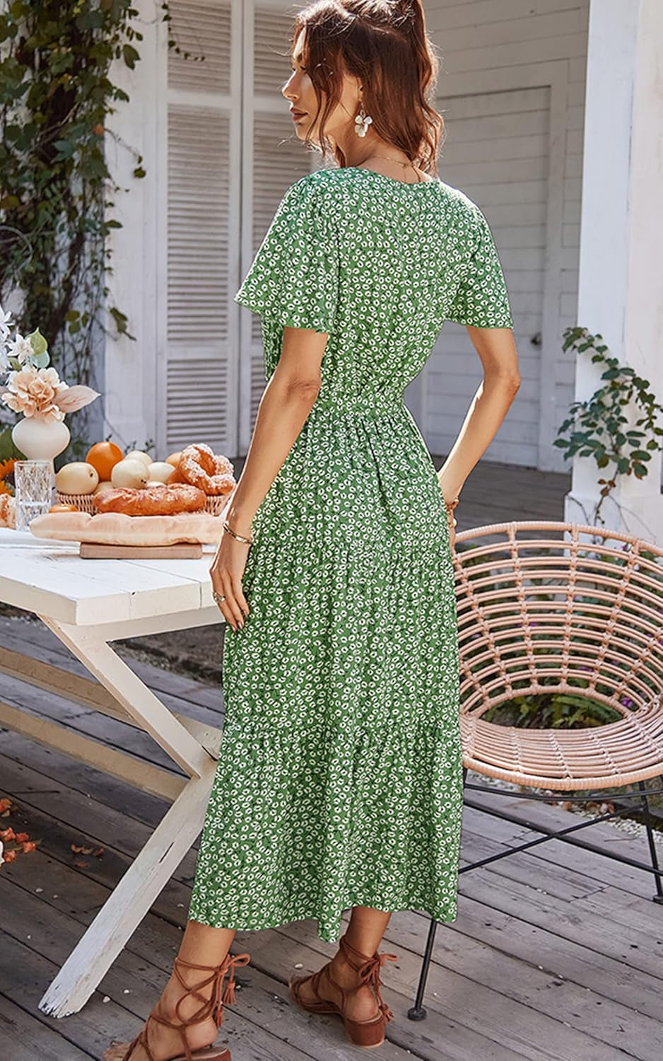 Women’S Dress Summer Boho Floral Printed Tiered V Neck Ruffle Short Sleeves Belted Midi Maxi Dresses