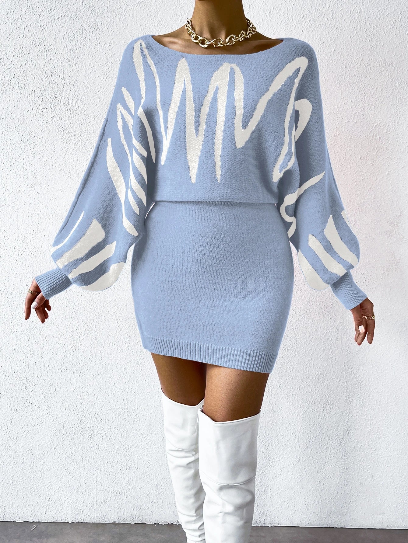 Chiquease Graphic Pattern Batwing Sleeve Sweater Dress
