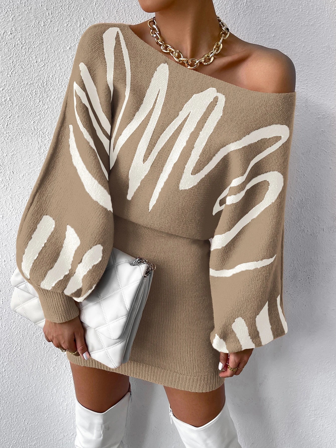 Chiquease Graphic Pattern Batwing Sleeve Sweater Dress