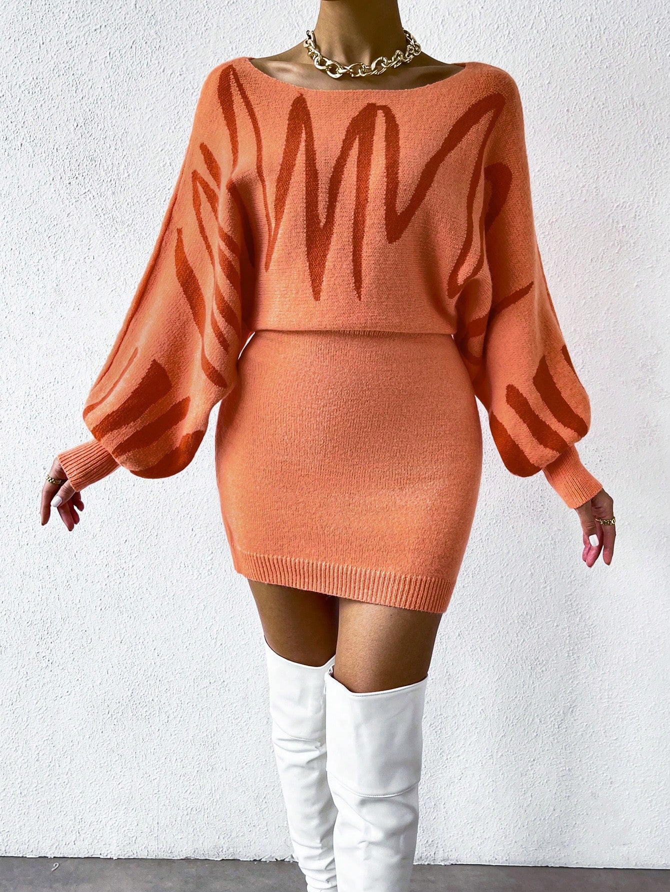 Chiquease Graphic Pattern Batwing Sleeve Sweater Dress