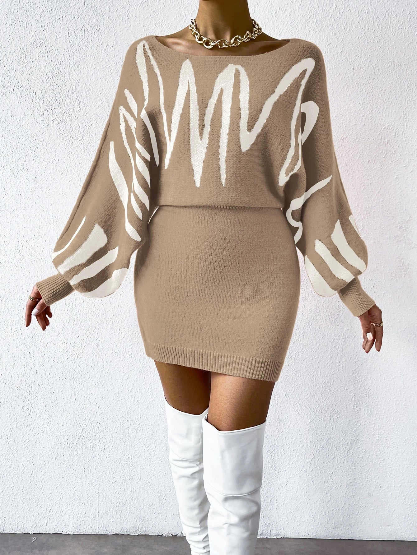 Chiquease Graphic Pattern Batwing Sleeve Sweater Dress