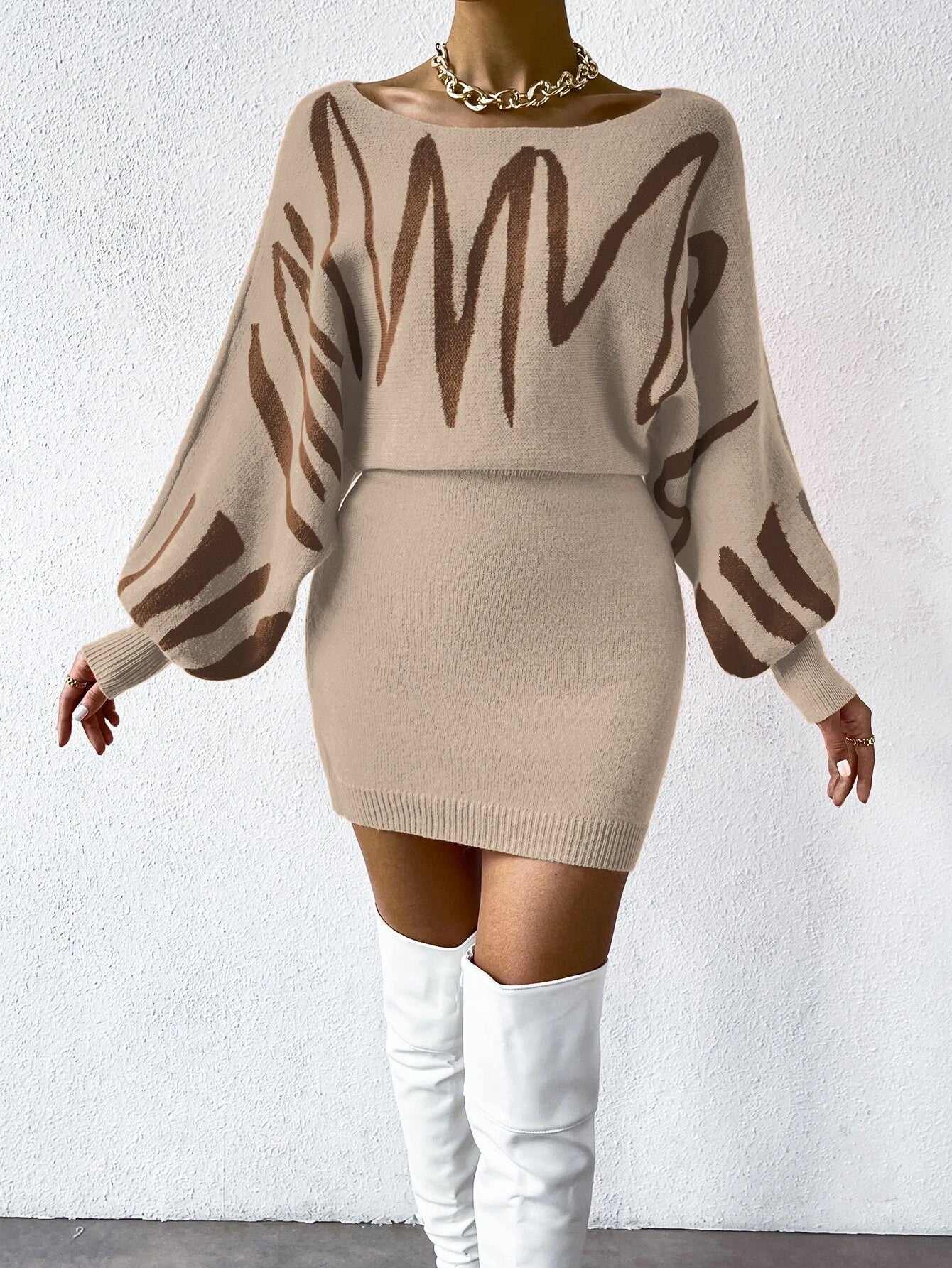 Chiquease Graphic Pattern Batwing Sleeve Sweater Dress