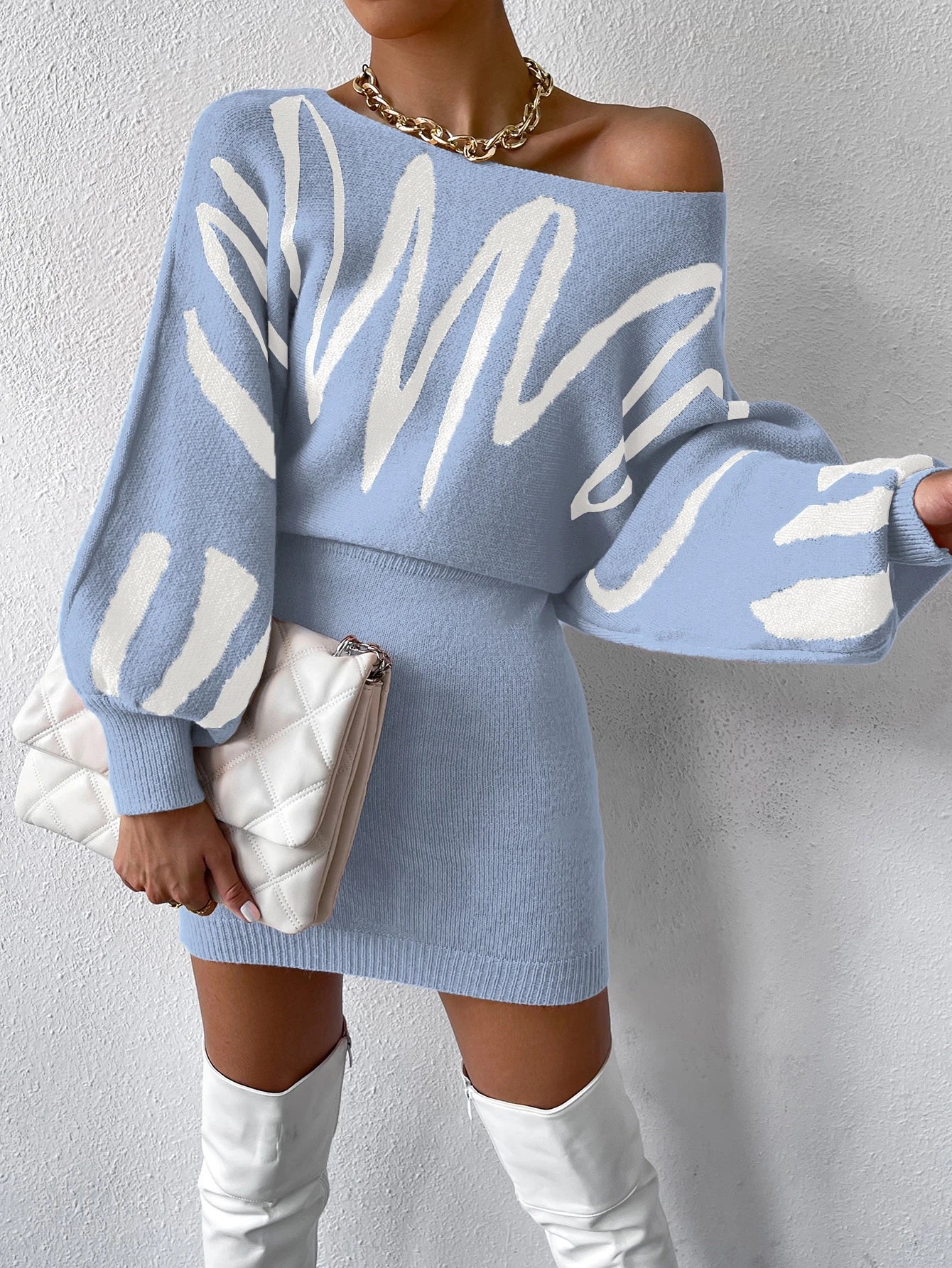Chiquease Graphic Pattern Batwing Sleeve Sweater Dress