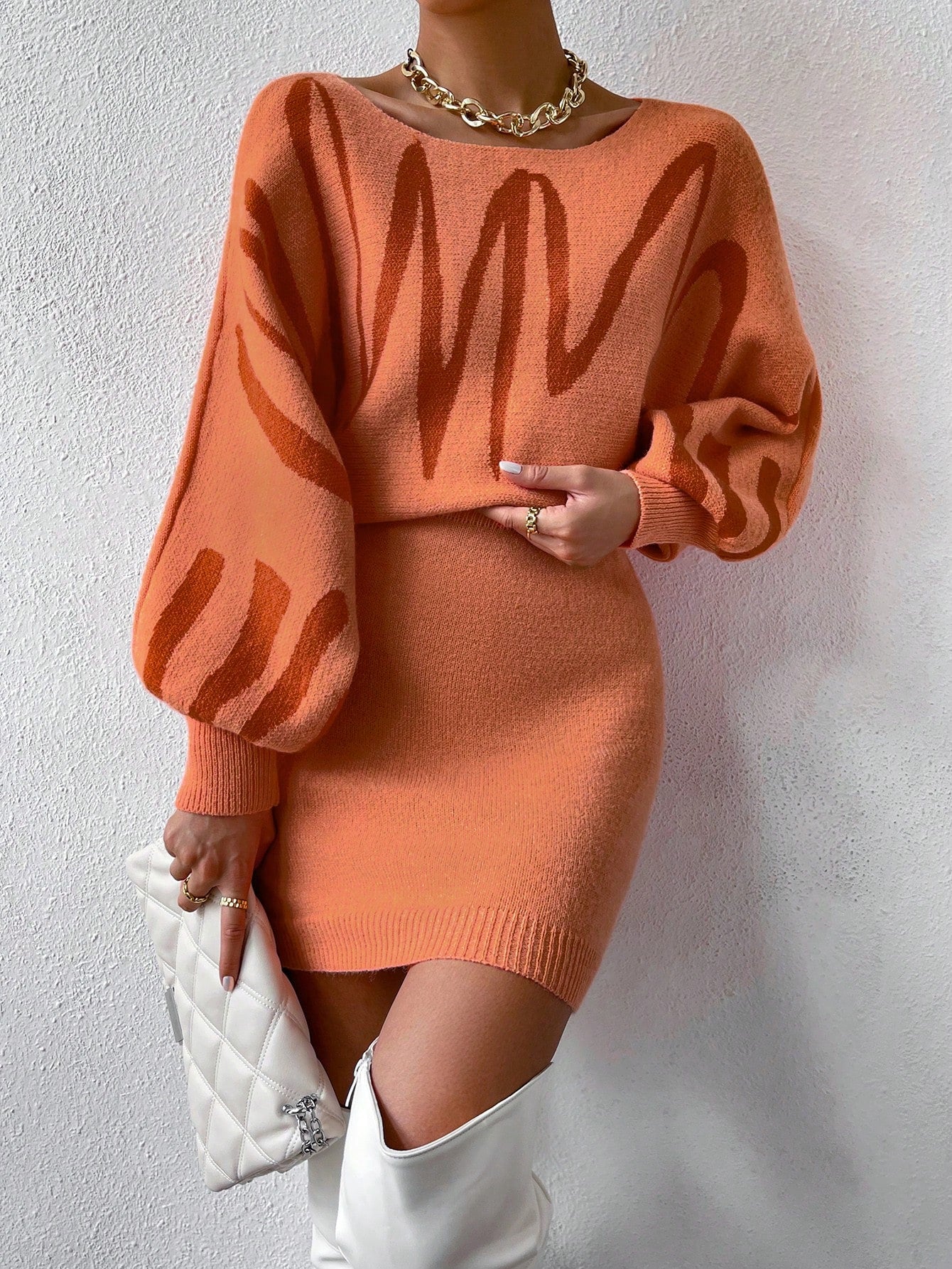 Chiquease Graphic Pattern Batwing Sleeve Sweater Dress