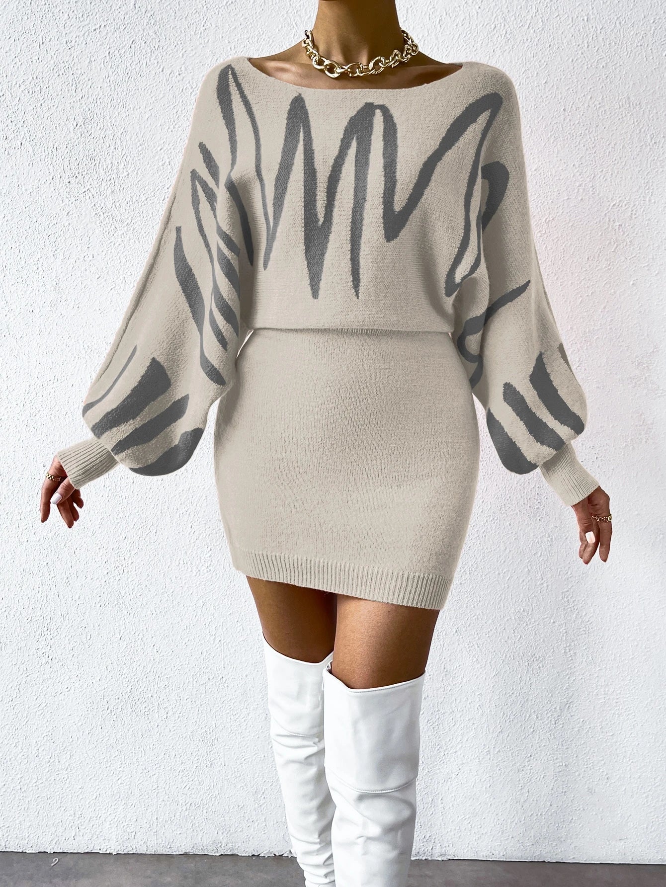 Chiquease Graphic Pattern Batwing Sleeve Sweater Dress