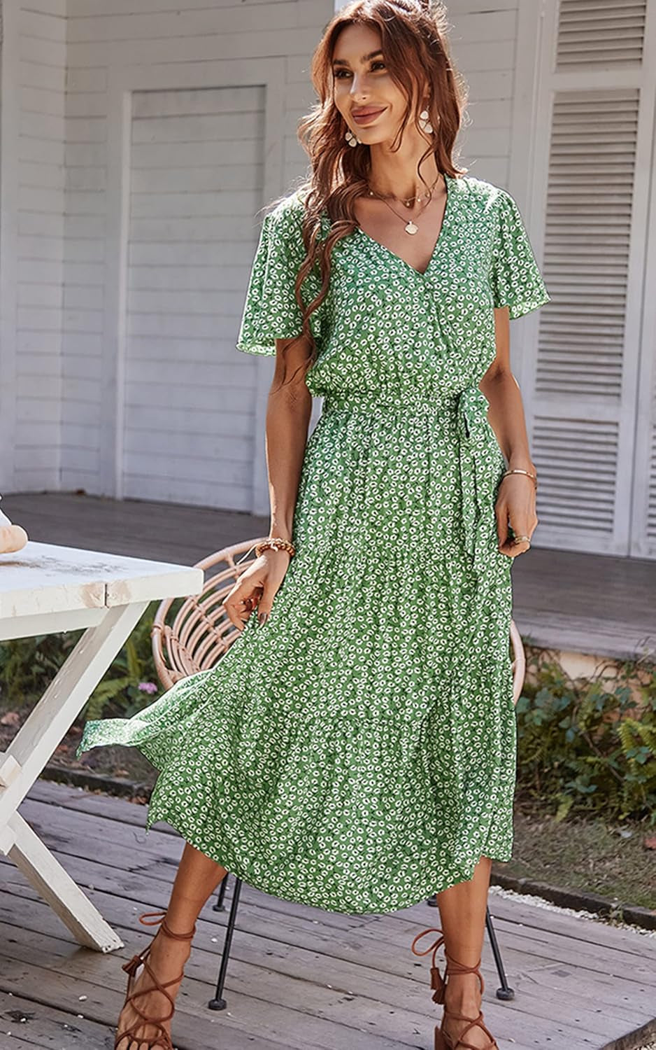 Women’S Dress Summer Boho Floral Printed Tiered V Neck Ruffle Short Sleeves Belted Midi Maxi Dresses
