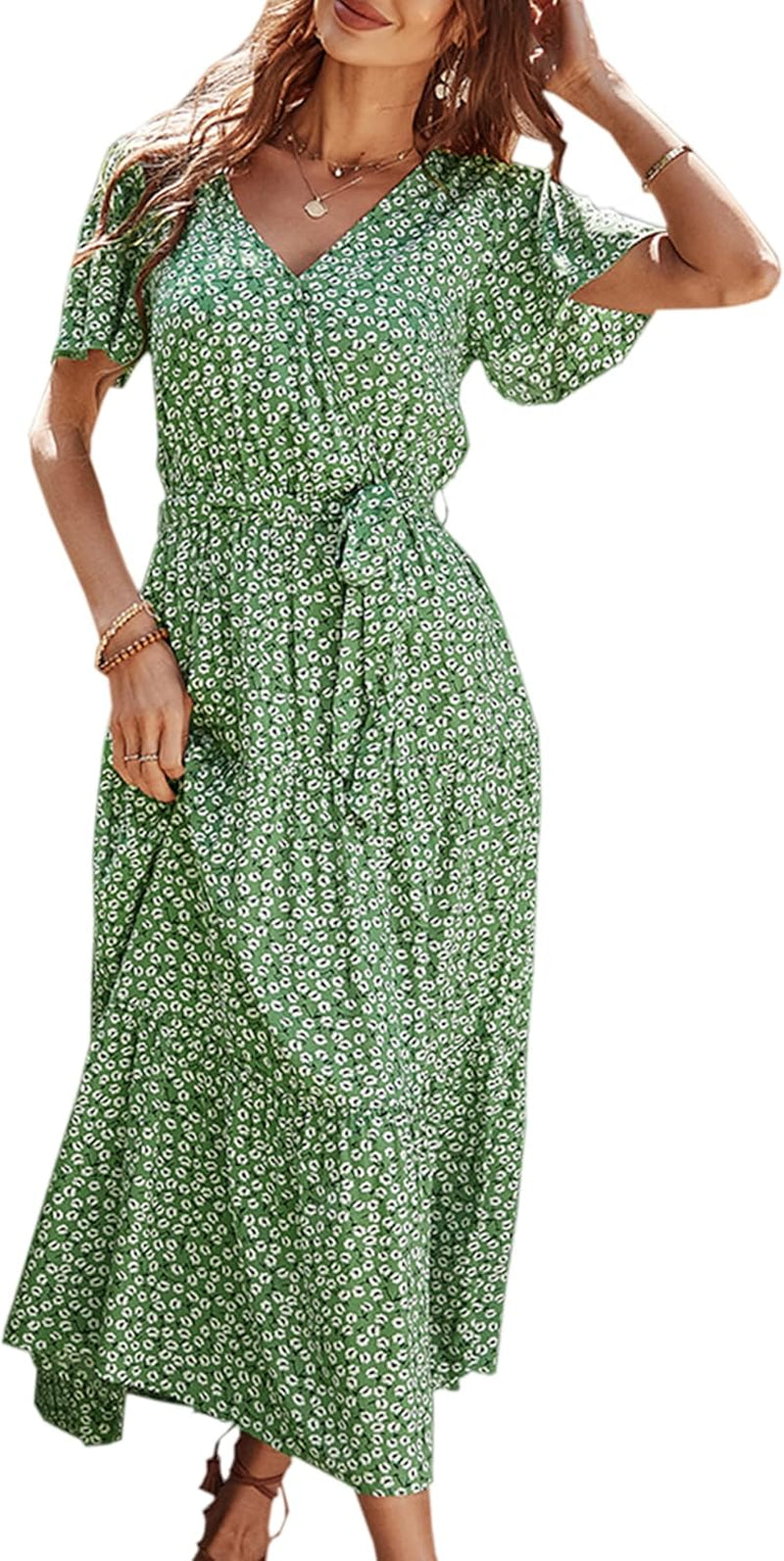 Women’S Dress Summer Boho Floral Printed Tiered V Neck Ruffle Short Sleeves Belted Midi Maxi Dresses