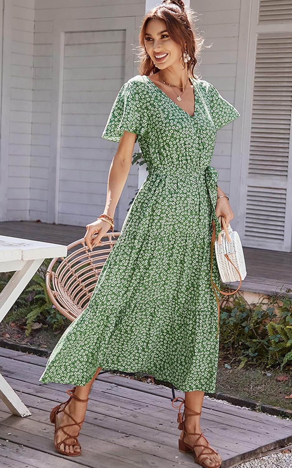 Women’S Dress Summer Boho Floral Printed Tiered V Neck Ruffle Short Sleeves Belted Midi Maxi Dresses