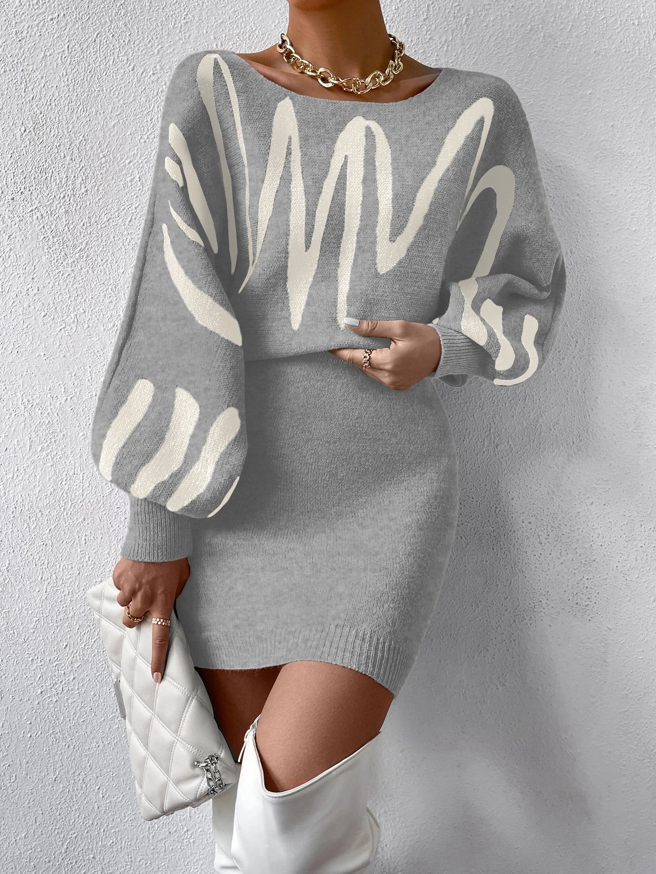Chiquease Graphic Pattern Batwing Sleeve Sweater Dress