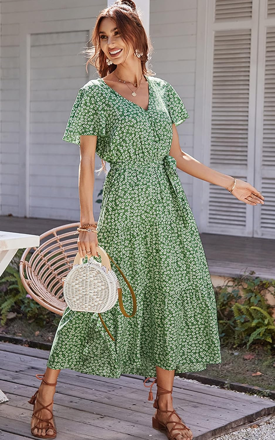 Women’S Dress Summer Boho Floral Printed Tiered V Neck Ruffle Short Sleeves Belted Midi Maxi Dresses