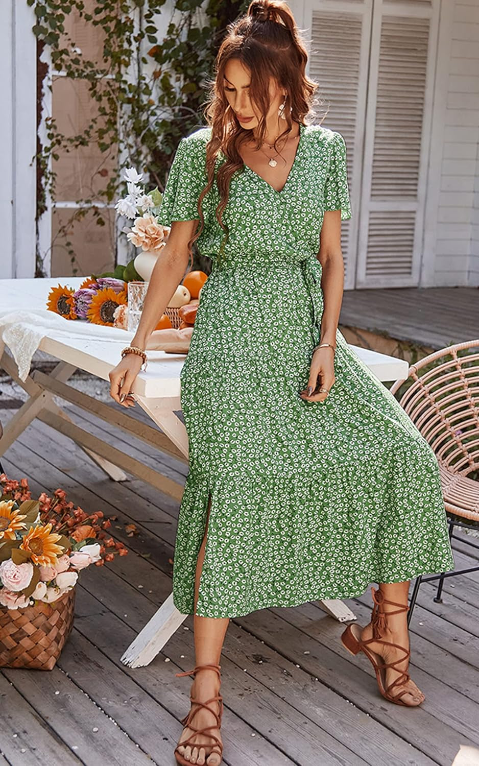 Women’S Dress Summer Boho Floral Printed Tiered V Neck Ruffle Short Sleeves Belted Midi Maxi Dresses